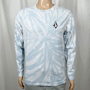 Volcom Men's Medium Blue White Tie Dye Stone Logo Modern Fit Long Sleeve T-Shirt